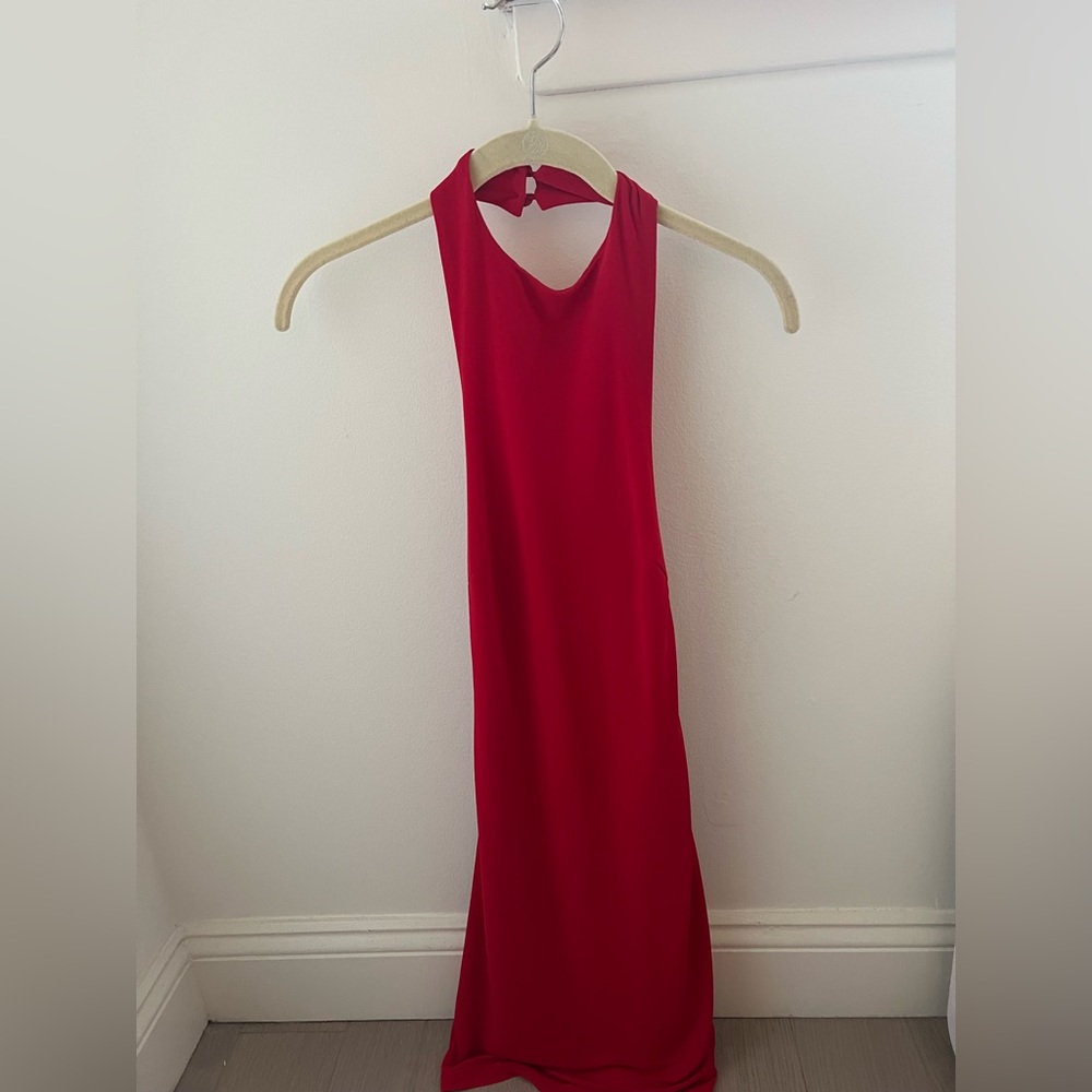 Red high neck low back mini dress